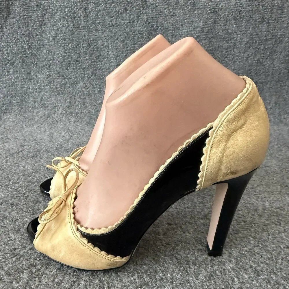 Red Valentino Peep Toe Pumps Patent Leather Black Beige Scalloped Bow Heels 37